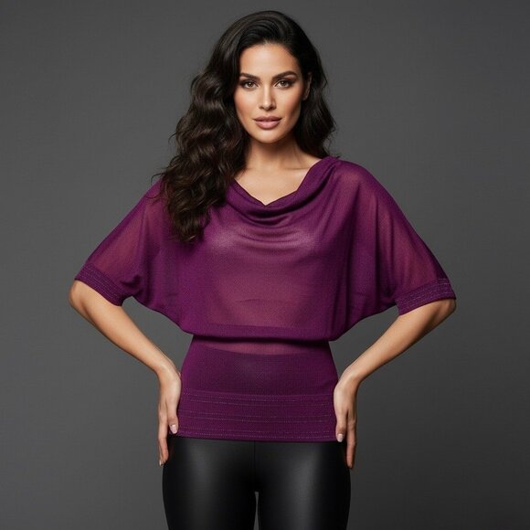 NWT EXPRESS Purple Cowl Neck Top • Y2K Metallic Sheer Open Back Club Glam Vampy - Picture 1 of 16